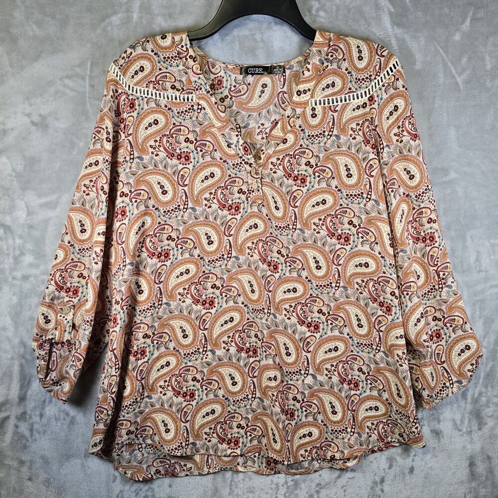 CURE Blouse Shirt 3/4 Roll Tab Sleeve Multicolor Paisley XL Boho Peasant Cottage